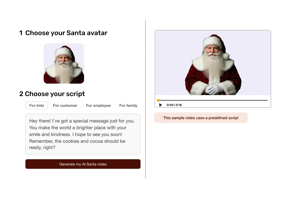 Holiday video generator used to launch a festive holiday promo by turning offer text and product assets into a ready-to-post video with AI voiceover and optional Santa avatar in Visla